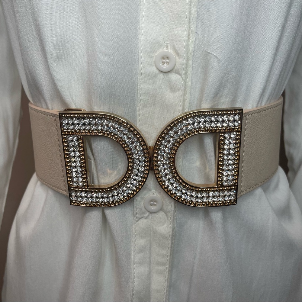 Beige gold tone buckle with rhinestone details wide elastic waistband belt